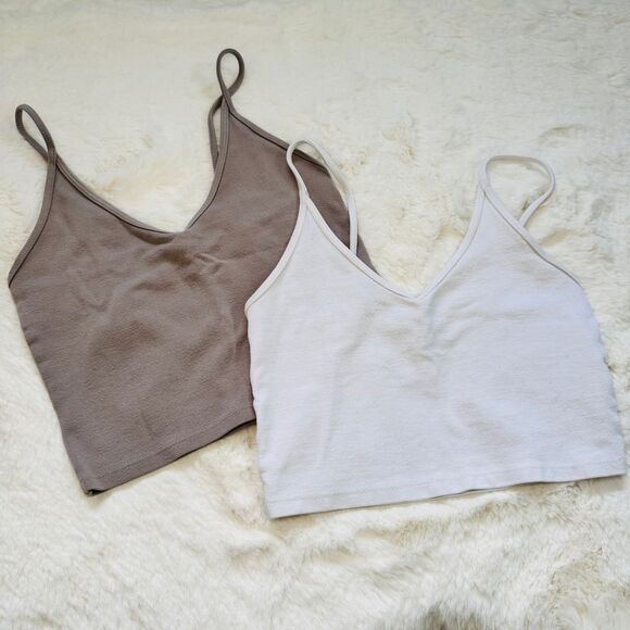 Aritzia V-Neck Cami Crop Tops XXS - White & Tan - Set of 2 - Picture 1 of 3
